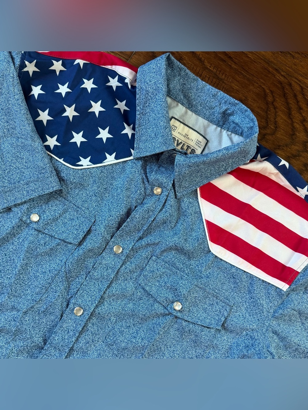 RSVLTS Shirt Mens Highway Man Roper L Blue Pearl Snap USA Flag Button Up Stars